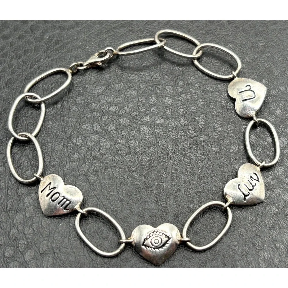 Sterling Silver LA Heart Charm Bracelet Mom Eye Love You Link Chain 7.5